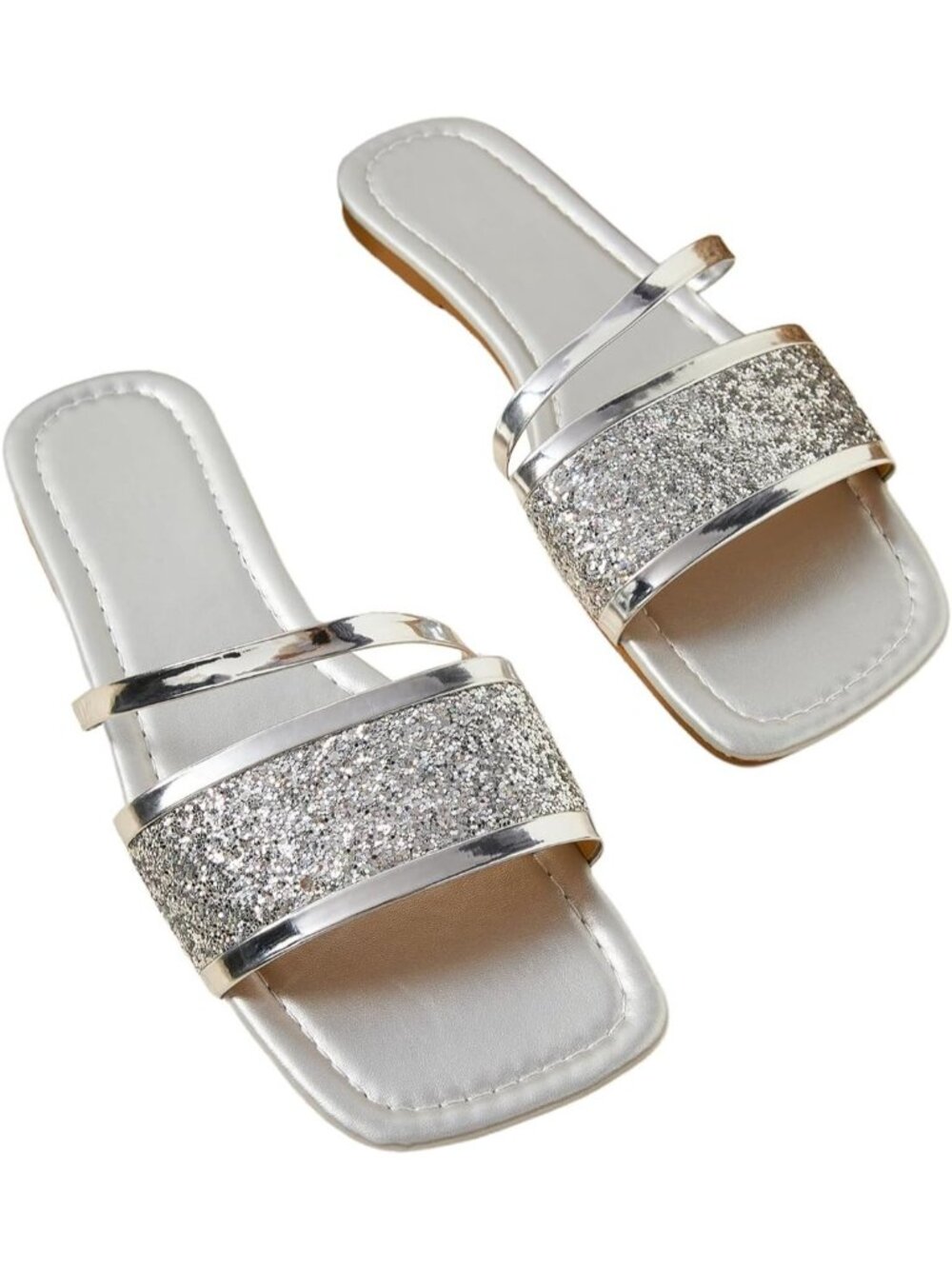 Women's Silver Faux Leather Sparkly Square Open Toe Metallic Slip On Flat Sandal